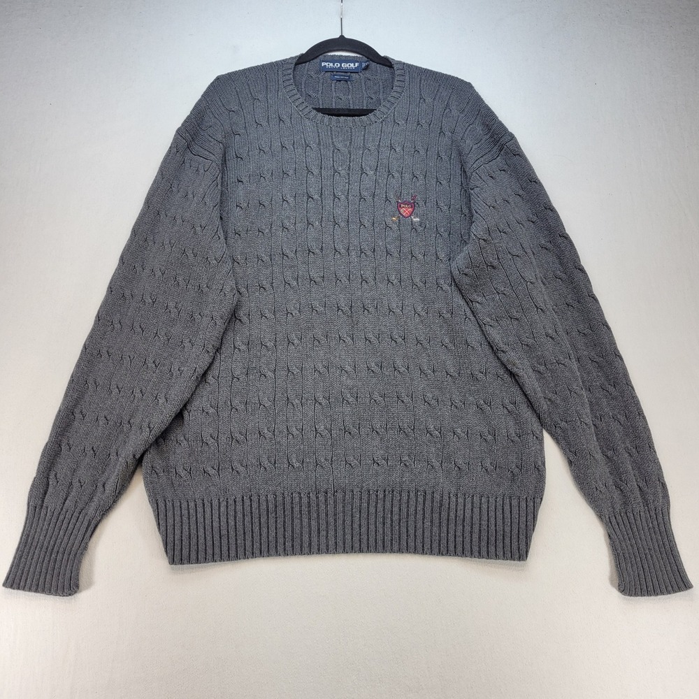 Polo Golf Ralph Lauren Vintage Sweater Mens XL Gray Cable Knit Cotton Crest Logo